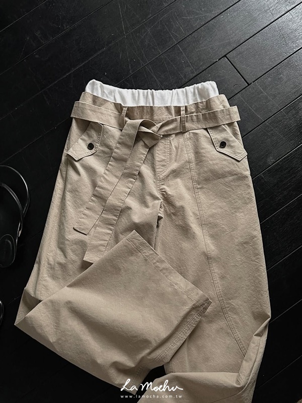 腰頭拼接綁帶斜紋布長褲